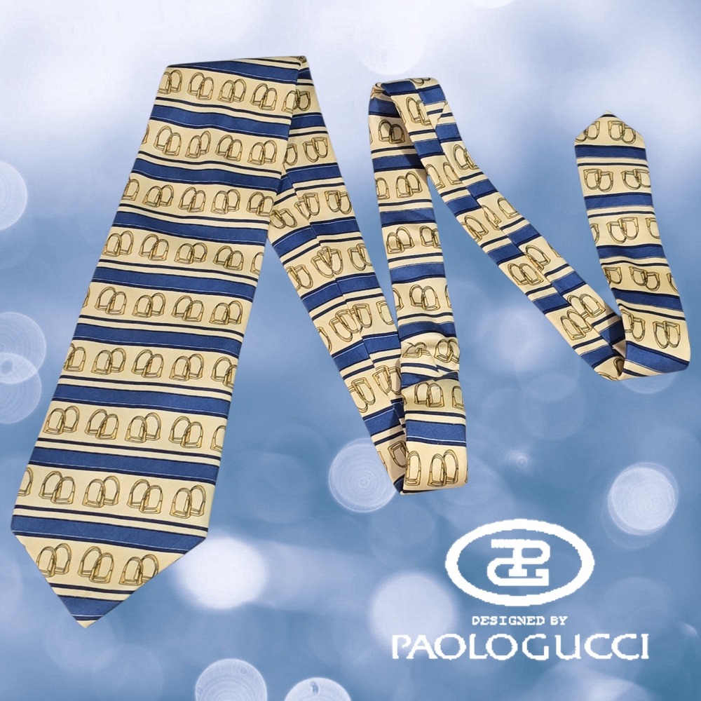 VTG Paolo Gucci Tie Mens Horsebit Equestrian Italian Striped Silk Blue Yellow OS